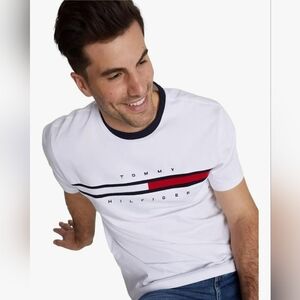 Tommy Hilfiger L/G White Men's T-Shirt with Black and Red Accents 100% C…